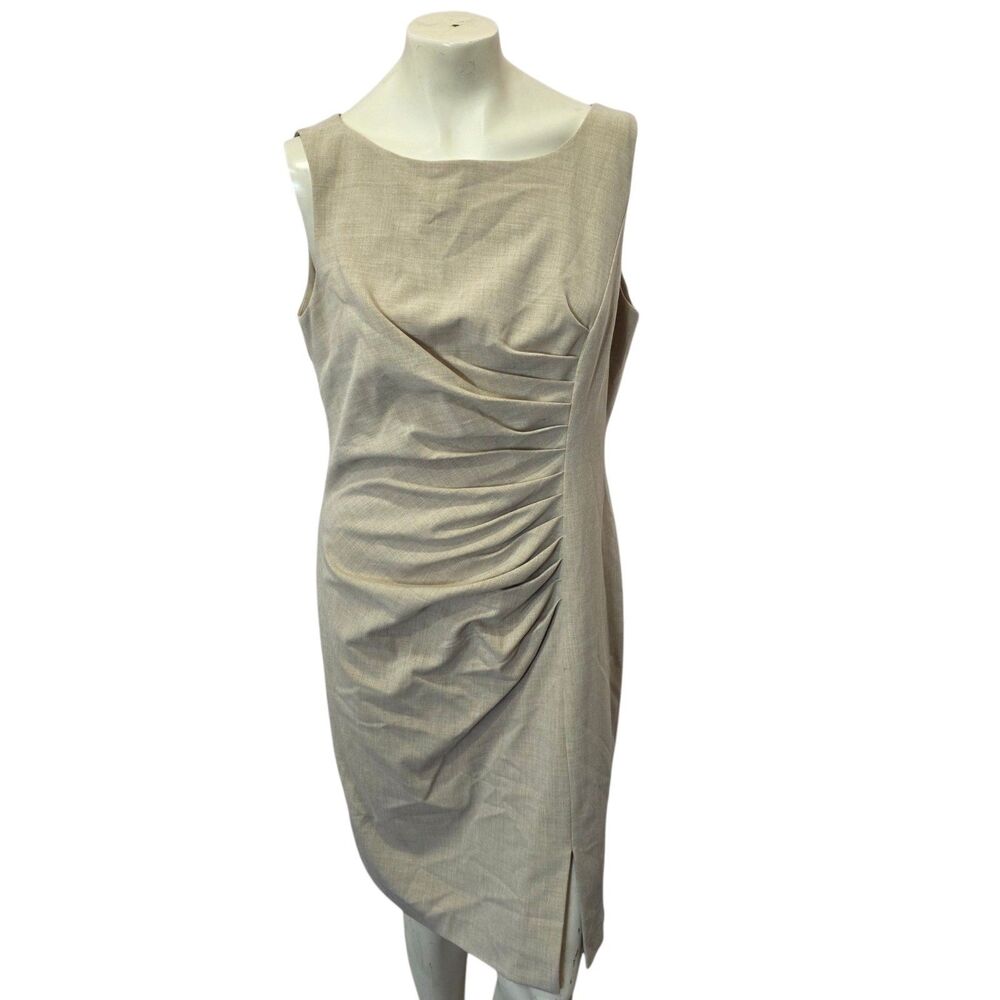 Calvin Klein Beige Ruched Sheath Dress Size 12 Career Cocktail Midi Slit
